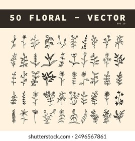 Großes Set Blumenvektor mit handgezeichneten Doodle-Stil. Linie Blumenelement Design.