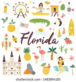 Big set of Florida icons, symbols landmarks, characters, monuments. Cartoon Vector illustration