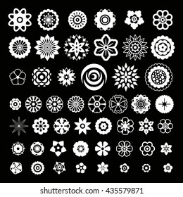 Big set of flowers design elements for brushes, background, banners, logo, icon, pattern, beauty products and advertising. White flowers icon collection on black background. Vector illustration.