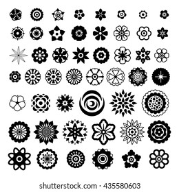 Big set of flowers design elements for brushes, background, banners, logo, icon, pattern, beauty products and advertising. Black flowers icon collection on white background. Vector illustration.
