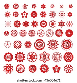Big set of flowers design elements for brushes, background, banners, logo, icon, pattern and advertising. Red flowers collection on white background. Vector illustration. 