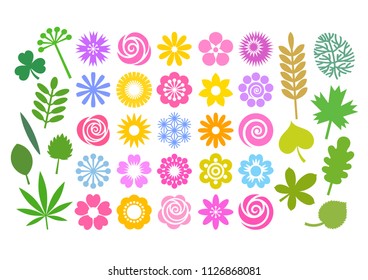 Big set of flowers and leaves in simple cartoon flat style. Cute floral collection for patterns, borders, greeting cards. Vector illustration isolated on white background.