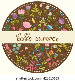 big set of flowers. vector card.  Lovely dragonfly, summer mood. bouquet.