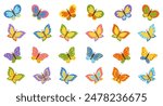  Big set of flying colorful butterflies. Collection of butterflies for design.