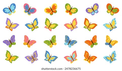  Big set of flying colorful butterflies. Collection of butterflies for design.