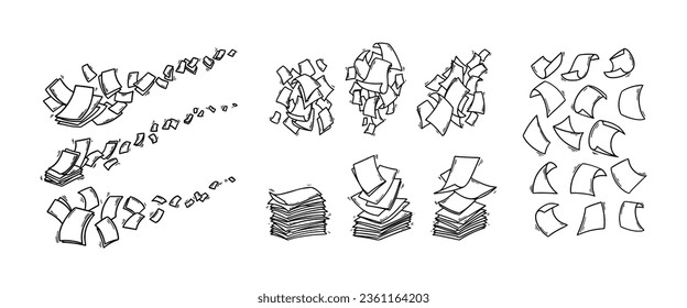 Gran conjunto de hojas de papel volador al estilo doodle. Dibujar a mano páginas de documentos en blanco. Retirando archivos de documentos. Ilustración de vector de negocio de Office