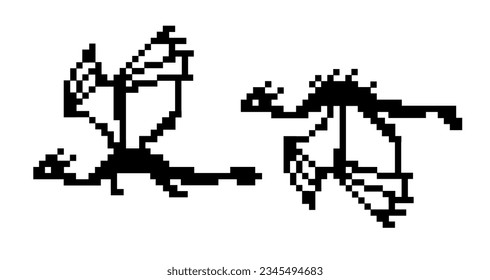 Big set with flying pixel dragons silhouettes in black and white isolated on white. Pixel art style design for new year 2024 package, home textile, embroidery, clipart, sticker, poster, t-shirt print.