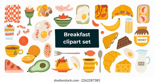 Big set of food and beverage for breakfast. Different variations for meal: vegetarian, healthy, fried, meat. Popular products. Egg, oatmeal, milk, avocado, toast, coffee, croissant, chia, pancakes.