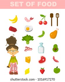 BIG SET OF FOOD AND CUTE GIRL WITH CHOCOLATE
