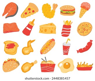 Big set of food icons, collection of fast food images