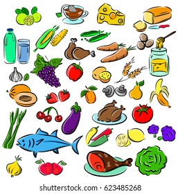 Big set: food icons various delicious dishes . Traditional cuisine. Main course. Healthy junk food, seafood, fast food, drinks