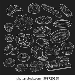 Big set of food sketch illustration. Hand drawn bread and bakery background, freehand engraving style, artistic elements.