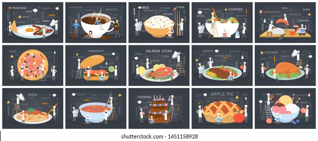 Big set of food. Small people in chef uniform and hat cook giant food. Pizza and burger, sushi and salad, soup and coffee. Delicious dinner. Catering concept. Vector flat illustration