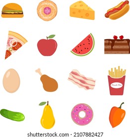 Big set of food, vegetables, fruits, cookies, donut, pizza, bacon, meat, egg, hamburger, french fries and hot dog. Vector illustration. Vector.