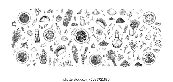 Big set of food, vegetables and greens. Hand drawn vector illustration in sketch style