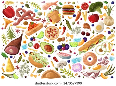 Big Set Food. Vegetables and Meat , fastfood, fish, fruits, sweets and dried fruit hand drawn of healthy food ingredient doodles in vector