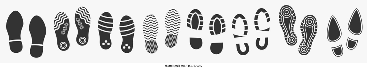 Big set of Footprints silhouette isolated on white. Vector illustration