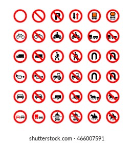 Big set of forbidden road signs isolated on white