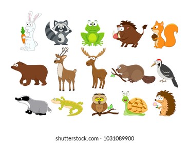 Big set of  forest  animals in a cartoon style. Owl, boar, rabbit, squirrel, hedgehog, snail, elk,woodpescer, frog, deer, bear, beaver. Forest animals collection. Woodland animals.