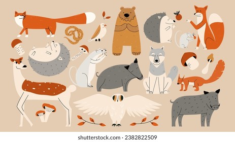 Big set of forest wild animals. Owl, deer, wild boar, wolf, fox, mouse, rat, snake, bear, hedgehog. Vector illustration in hand drawing style