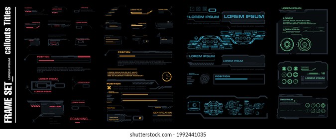 Big Set Frames, Callouts And Headers. Set Of Modern Elements For The HUD Interface. Menu Elements For The Game HUD Interface. Information Panels And Boxes