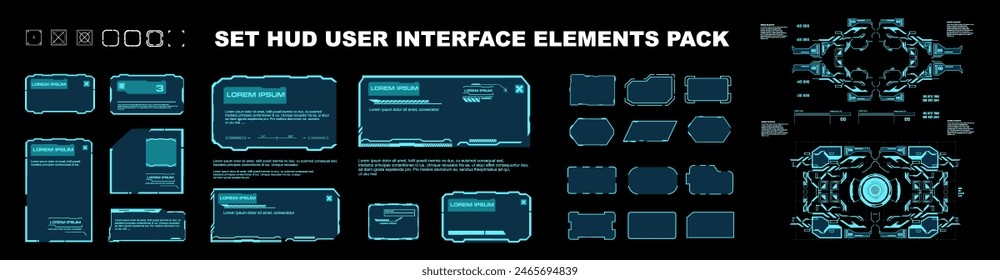 Big set of frames and complex elements for the interface. User interface windows and frames. Modern dialog boxes and HUD interface elements. Vector set templates with frames