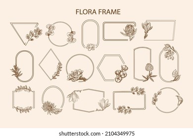 Big set frames with floral elements and leaves. Vector illustration