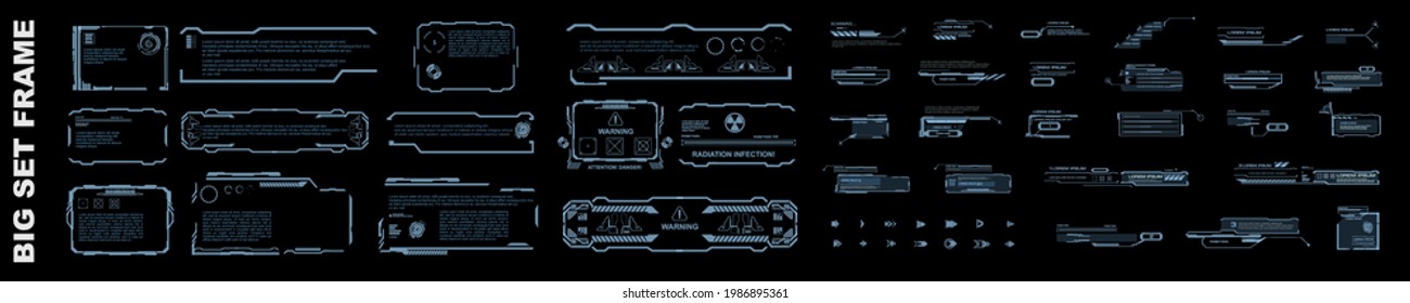 Grandes cuadros o pantallas con información. Pantallas transparentes sobre fondo negro al estilo de HUD, GUI, UI. juego de equipo de interfaz de usuario