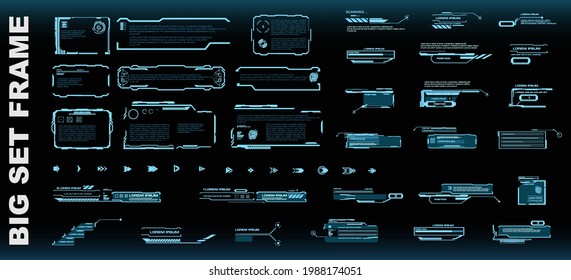 Big set frames or screens with information. Transparent screens on black background in the style of HUD, GUI, UI. User interface for HUD interface