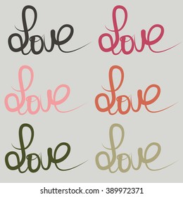 Big set of free hand letters "love" text doodles. Vector collection. Decoration element for cards and invitations.