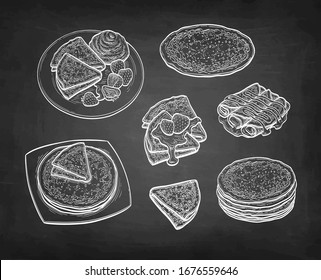 Big set. French crepes or Russian blinis. Chalk sketches on blackboard background. Hand drawn vector illustration. Retro style.