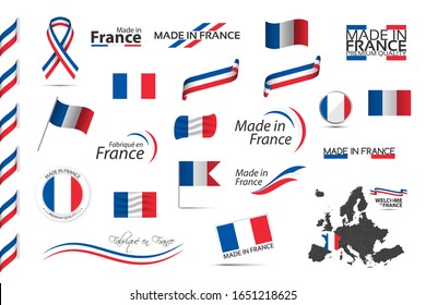 Big set of French ribbons, symbols, icons and flags isolated on a white background, Made in France, Welcome to France, premium quality, French tricolor, set for your infographics and templates