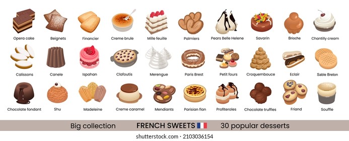 Big set of french sweets. Hand drawn colorful illustration of popular traditional desserts for cafe, bakery and restaurant menu.