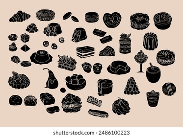 Big set of french sweets. Hand drawn illustration of popular traditional desserts for cafe, bakery and restaurant menu.