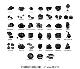 Big set of french sweets. Hand drawn colorful illustration of popular traditional desserts for cafe, bakery and restaurant menu.