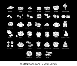 Gran juego de dulces franceses. Dibujado a mano ilustración colorida de postres tradicionales populares para el menú de la cafetería, panadería y restaurante.	