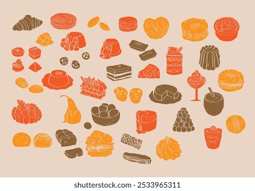 Big set of french sweets. Hand drawn colorful illustration of popular traditional desserts for cafe, bakery and restaurant menu.