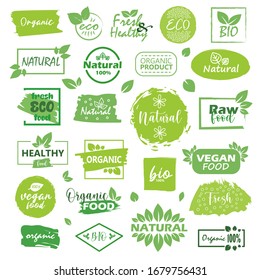 Big set of fresh eco organic grunge labels on a white background