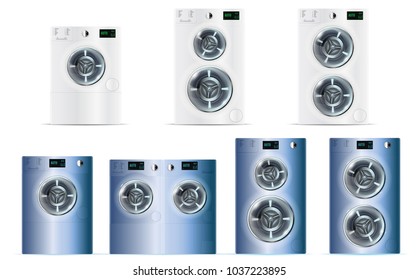 Big Set Of Front Load Double White and Blue Steel Washing Machines With Electronic Control Panels And Additional Small and Big Load. Vector Front Load Double Washing Machines