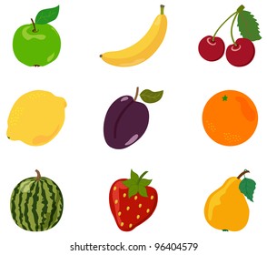 The big set of fruit. Cartoon apple, banana, cherry, lemon, orange, plum, strawberry, pear, watermelon