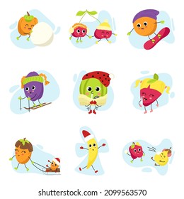 Big set of fruit characters. Fruits, berries and vegetables on winter vacation. Collection of mascots for snow resorts, Christmas and New Year promotions. Active recreation in the fresh air. 