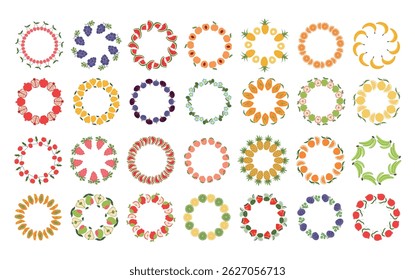 Big set of fruit frames. Assorted fruit design template, copy space. Cute hand drawn fruit frames in doodle style. Round template. Hand drawn fruits circle border.	