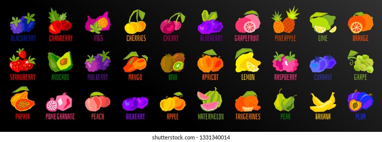 Big set of fruit icons isolated on black background. Colorful tropical fruits leaves lettering. Concept graphic vector element.