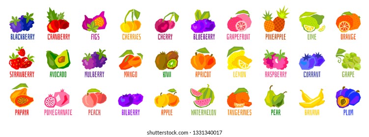 Big set of fruit icons isolated on white background. Colorful tropical fruits leaves lettering. Concept graphic vector element.