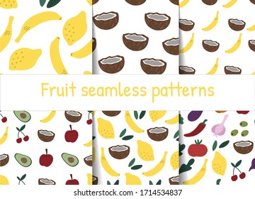 Big set of fruit and vegetable patterns. Seamless patterns for menu and restaurants