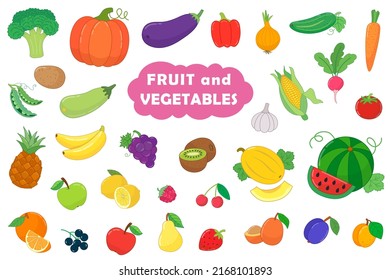 Big set of fruit and vegetables in cartoon style. vector illustration