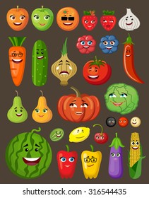 Big set of fruit and vegetables with persons and characters. Vector illustration