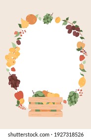 Big set of fruits and berries frame with an empty space. Wooden box with sweet raw food. Template for organic market, banner, poster, card. Juicy and fresh nutrition. Vector illustration concept