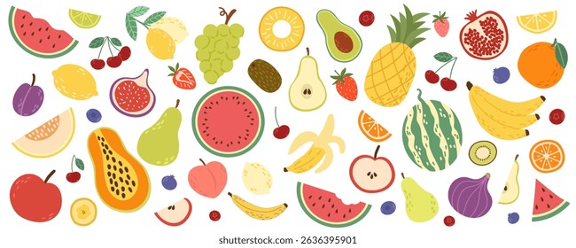 Big set of fruits and berries on a white background. A set of cute fruits simple colorful, flat hand drawn childish doodle style
