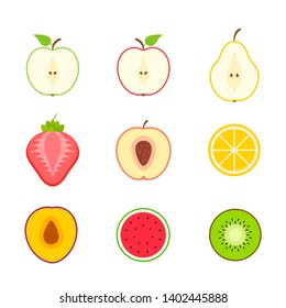 Big set of fruits and berries. Summer fruit. Fruit apple, pear, strawberry, orange, peach, plum, banana, watermelon, pineapple, kiwi, lemon. Fruits vector collection. Vector illustration.